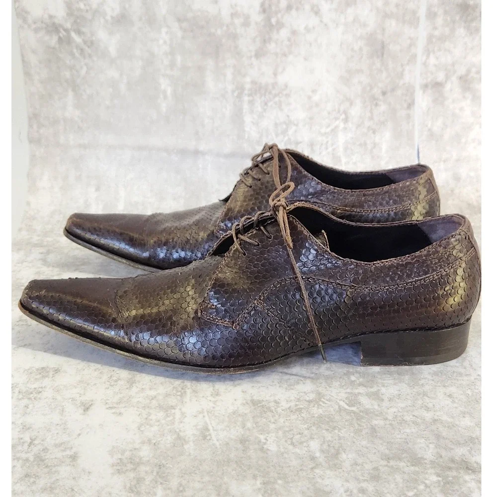 Roberto Guerrini Oxford Men 42 Brown Snakeskin Embossed Pointy Toe Italy Luxury